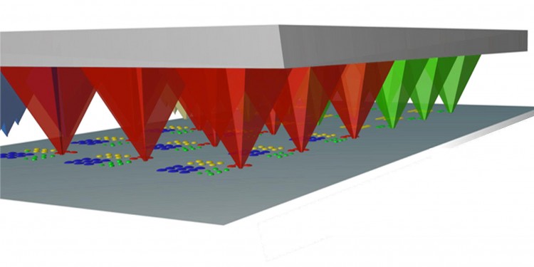 Funktioniert nach dem Kartoffeldruck-Prinzip, nur im molekularen Maßstab und hoch präzise: Mit der "Polymer Pen Lithografie" stempeln die Forscher ein Nano-Muster auf eine Oberfläche. An den so entstehenden Oberflächenstrukturen bleiben die Krebszellen hängen.<address>© Illustration: Fuchs/Hirtz</address>
