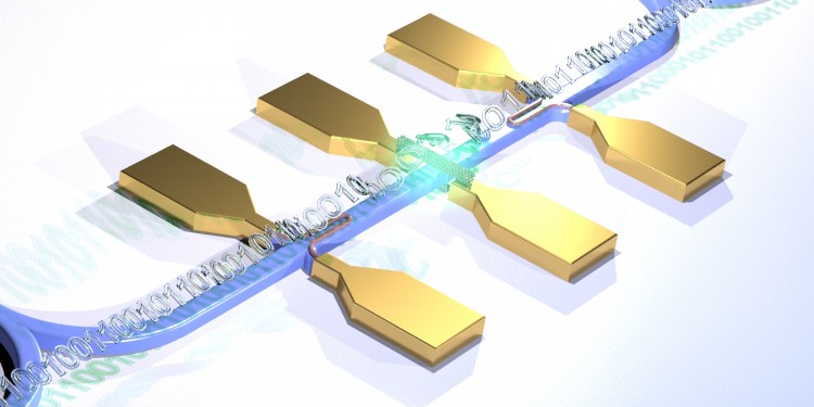 Grafische Darstellung eines Chips (Ausschnitt) mit Photonen-Quelle, Detektor und Wellenleitern<address>© WWU/Wolfram Pernice</address>