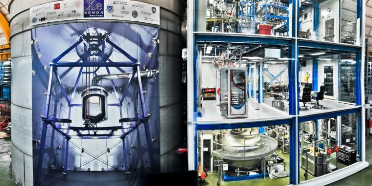 Das XENON1T-Experiment im Gran-Sasso-Untergrundlabor mit Wassertank zur Strahlungsabschirmung (links) und Technikgebäude (rechts).<address>© Roberto Corrieri, Patrick De Perio (XENON-Kollaboration)</address>