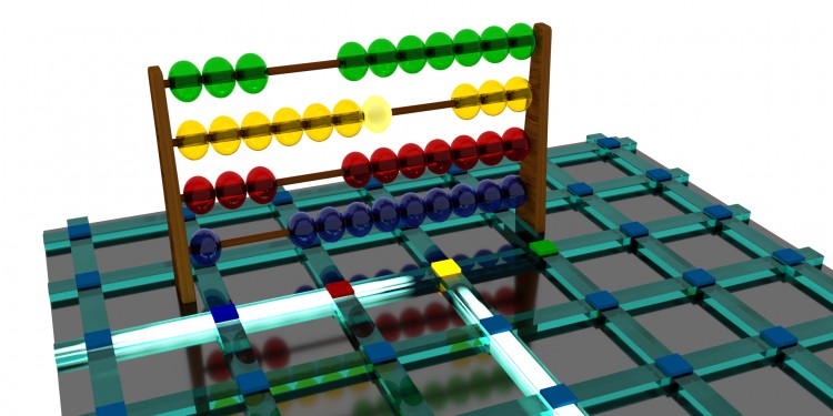 Schematische Darstellung eines Chips mit Wellenleitern. Die Speicherelemente liegen jeweils auf den Kreuzungen. Der Abakus ist zur Veranschaulichung eingezeichnet - die Farben der Ziffernpositionen finden sich auf vier Speicherelementen des Chips wieder.<address>© WWU/Johannes Feldmann</address>
