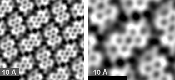 Overview image of a self-organized molecular network. Right: Enlarged image extracted from the left image. It shows a single molecule (center) surrounded by six partly visible ones. The faint lines between the molecules indicate dominant sites of the molecule-molecule interactions.<address>© 2018 Macmillan Publishers Limited, part of Springer Nature. All rights reserved.</address>