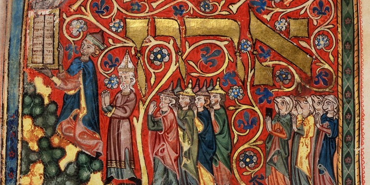 Mose empfängt die Zehn Gebote – Diese Abbildung stammt aus einem hebräischen Gebetsbuch für Festtage aus dem 14. Jahrhundert.<address>&copy; British Library, MS. Add. 22413</address>