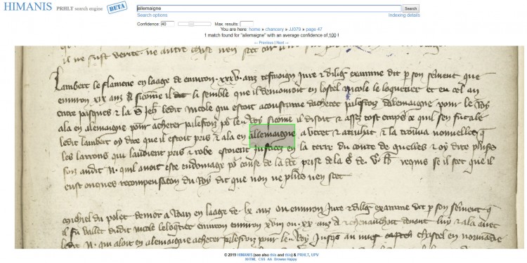 Search for places, names and key words or phrases: If, for example, a word such as &quot;Allemaigne&quot; is entered (the medieval French word for “Germany”), the programme displays all the pages which contain the word.<address>© Screenshot of the project page Himanis</address>