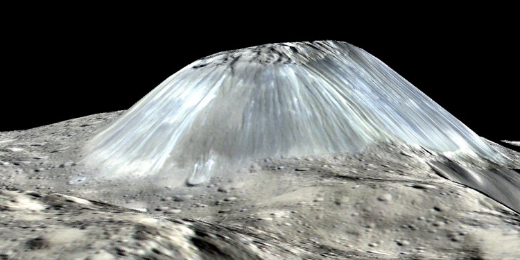 The over 4000-metre tall Ahuna Mons on the dwarf planet Ceres is one of the most remarkable mountains in the Solar System. Its smooth flanks are almost craterless, which means that the mountain is relatively young, geologically speaking.<address>© NASA/JPL-Caltech/UCLA/MPS/DLR/IDA</address>