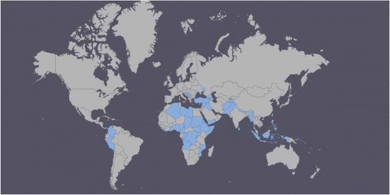 Weltkarte mit Ländern und Regionen, in denen mindestens ein Krieg zwischen 1989 und 2015 stattgefunden hat (blau markiert). (Erstellt aus https://www.amcharts.com/visited_countries/#)<address>© T. Hoppen & M. Morina</address>