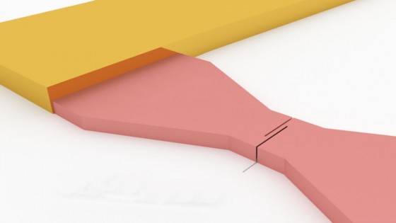 Schematische Darstellung einer Hochtemperatur-supraleitenden Nanobrücke (rosa) in Goldkontakten (gelb)<address>© Martin Wolff</address>