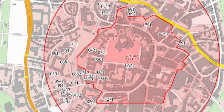The evacuation radius for university buildings on 28 February. The numbers indicate the affected buildings on the university site plan.<address>© WWU - Stabsstelle Arbeits- und Umweltschutz</address>