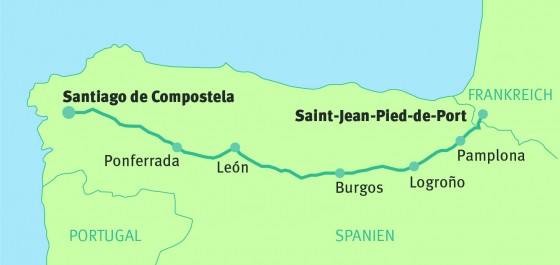 Der alte Jakobsweg führt von Saint-Jean-Pied-de-Port in Frankreich durch Nordspanien bis nach Santiago de Compostela und ist rund 800 Kilometer lang.<address>© WWU - Designservice</address>