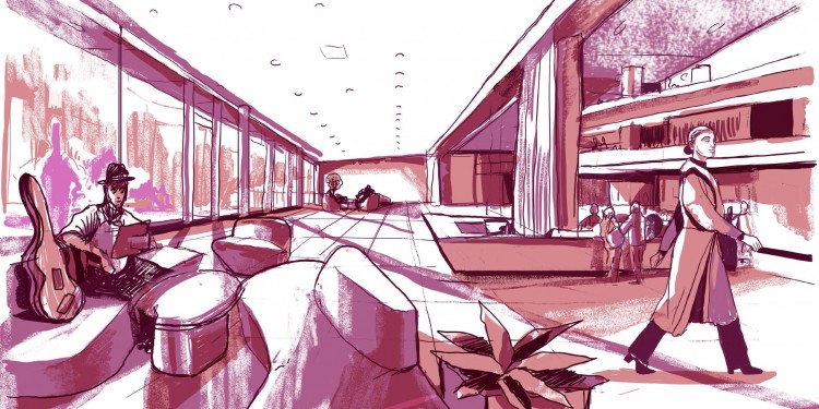 So könnte das Foyer des Musik-Campus aussehen – ein Ort der Entspannung und Begegnung.<address>© Designservice der WWU, Illustration: Robert Matzke</address>