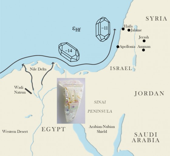 This simplified graphic shows the transport route taken by the sand along the coast of the Levant, starting from the Nile estuary. Glass manufactories in Jalame and Apollonia used the sands in the Roman and Byzantine eras. On the way northwards, some of the zircon minerals contained in the sands fell out. This led to different amounts of hafnium isotopes in Egyptian and Levantine glass.<address>© The Danish-German Jerash Northwest Quarter Project</address>