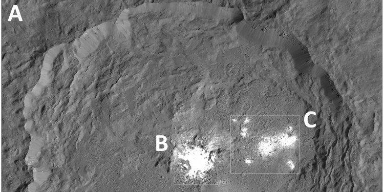 Diese Bildmosaike des Occator-Kraters wurden zusammengesetzt aus vielen Einzelbildern der Dawn Framing Camera, die aus einer Entfernung von 35 Kilometern aufgenommen wurden. Innerhalb des Kraters, der einen Durchmesser von 92 Kilometern hat (A), finden sich zwei Bereiche mit hellen Ablagerungen. Die Ablagerungen im Zentrum des Kraters, genannt Cerealia Facula (B), messen nur einige Kilometer im Durchmesser. In ihrer Mitte wölbt sich eine Kuppe nach oben. Die Ablagerungen im Nordosten des Kraters tragen den Namen Vinalia Faculae (C).<address>© A. Nathues et al., Nature Astronomy</address>