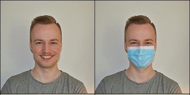 Beispielfoto für Gesichtsausdrücke wie "Freude" und "Trauer", einmal mit und einmal ohne Maske.<address>&copy; WWU | Abteilung für Verhaltensbiologie</address>