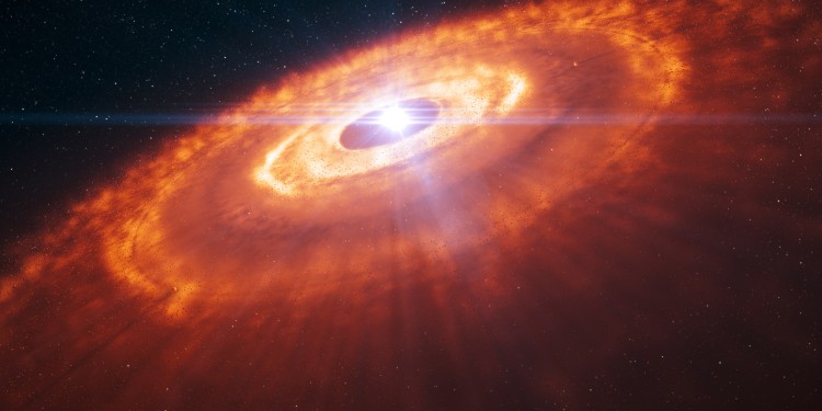Künstlerische Darstellung eines jungen Sterns, der von einer protoplanetaren Scheibe umgeben ist, in der sich Planeten bilden.<address>© L. Calçada - ALMA (ESO/NAO)</address>