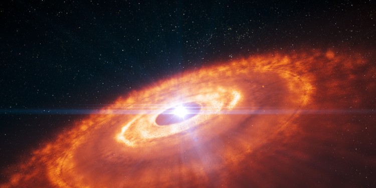 This is an artist’s impression of a young star surrounded by a protoplanetary disc in which planets are forming. Using ALMA’s 15-kilometre baseline astronomers were able to make the first detailed image of a protoplanetary disc, which revealed the complex structure of the disc. Concentric rings of gas, with gaps indicating planet formation, are visible in this artist’s impression and were predicted by computer simulations. Now these structures have been observed by ALMA for the first time.<address>© L. Calçada - ALMA (ESO/NAO)</address>