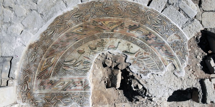 The mosaic floor of the basilica shows a river landscape with fish, birds and plants, all depicted in great detail.<address>© WWU - Asia Minor Research Centre</address>