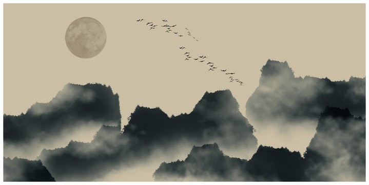 Chinesische Landschaftsmalerei mit Tinte und Wasser - im Blickpunkt: der Mond.<address>© stock.adobe.com_昊 周</address>