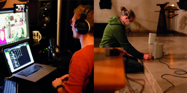 Jerome Rose und Marion Wood bereiten die Klanginstallation "Mozart – The Sound of Distant Presence" vor.<address>&copy; WWU - Kulturbüro</address>