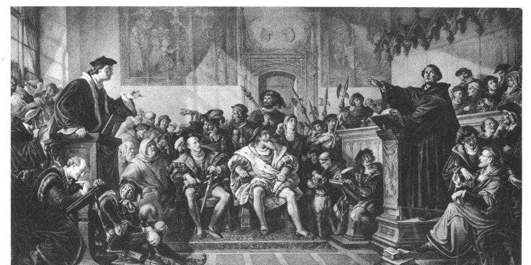 Das Bild zeigt ein historisches Gemälde von der Disputation Martin Luthers mit Johannes Eck.<address>© Wikimedia Commons</address>