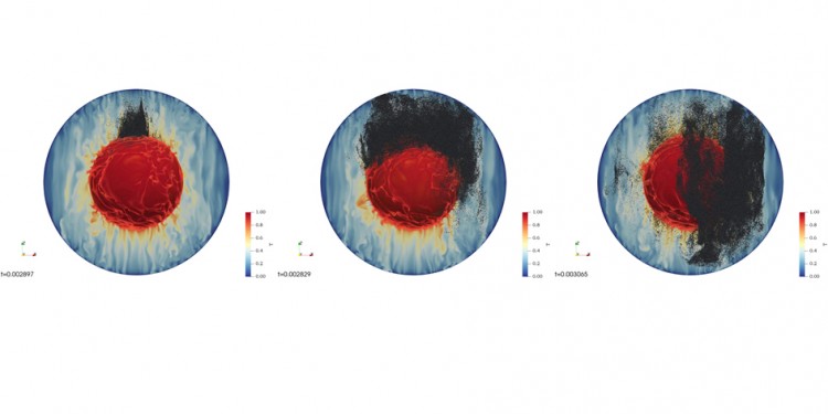 Simulation of the impact on the early Earth of a protoplanet with a diameter of 750 kilometres. The areas in black represent the distribution of the drops of molten iron from the protoplanet in the magma ocean after the impact. On the left: point of impact at the North Pole; centre: point of impact at 45 degrees latitude; right: point impact at the equator. The colours symbolize the temperature of the Earth (blue = cold, red = hot). The rotational axis of the Earth is represented by the z coordinate.<address>© WWU - Christian Maas</address>