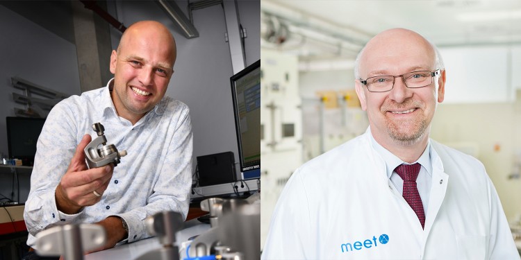 Prof. Mark Huijben from the University of Twente (left) and Prof. Martin Winter from the MEET Battery Research Center at the University of Münster would like to further intensify their cooperation.<address>© private / WWU - Judith Kraft</address>