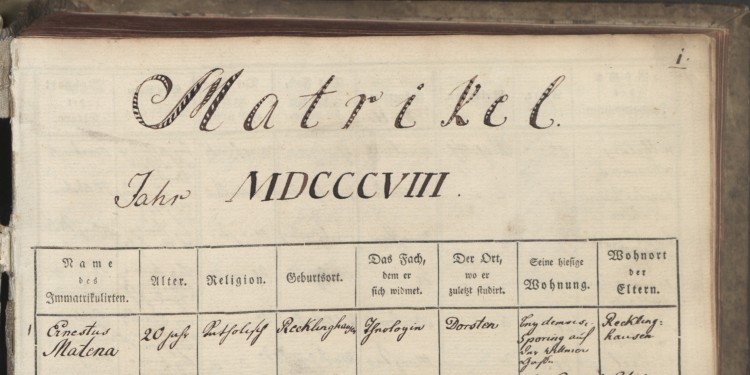 Interessierte können die Matrikelbücher der WWU von 1780 bis 1905 online einsehen. Das Bild zeigt eine Seite aus dem zweiten Band von 1808 bis 1827.<address>© WWU - Universitätsarchiv</address>