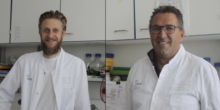 Lead author Dr. André Schreiber (left) and Prof. Stephan Ludwig have found a new type of dual action for an anti-Covid 19 drug candidate. This might provide the basis for a broadly effective medication.<address>© WWU - privat</address>