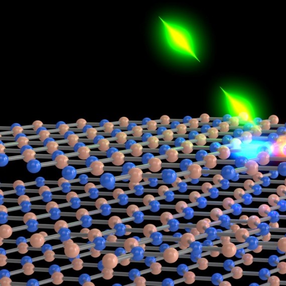 Hexagonal boron nitride (red: boron atoms, blue: nitrogen atoms) with a colour centre (blue-red) illuminated with ultrafast laser pulses (green)<address>© WWU - Johann Preuß</address>