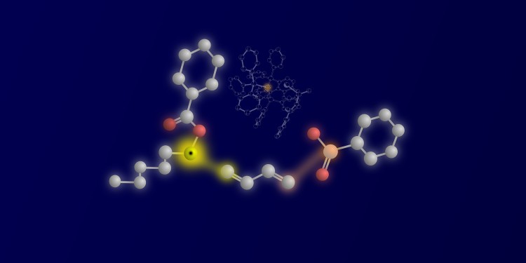 The three reactants and their linkage: ketyl-type radical on the left, 1,3-diene on the center, and the nucleophile sulfinate on the right. The reactive atoms and the bond that are being formed are highlighted in yellow (ketyl carbon and first C―C bond) and orange (Sulfur nucleophile atom and second C―S bond). The catalytically active palladium complex, with the palladium center highlighted in orange, is visible in the background.<address>© WWU – Peter Bellotti</address>