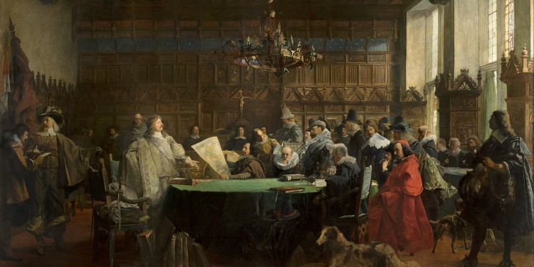 Friedensverhandlungen im Rathaussaal zu Münster im Jahr 1648 (Gemälde von Fritz Grotemeyer).<address>© Stadtmuseum Münster</address>