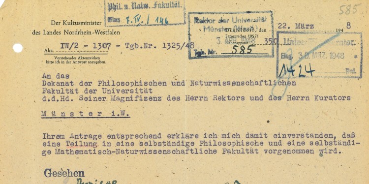 NRW-Kulturministerin Christine Teusch erklärte sich in ihrem Schreiben vom 22. März 1948 mit der Trennung einverstanden.<address>© Universitätsarchiv, Bestand 62, Nr. 318</address>