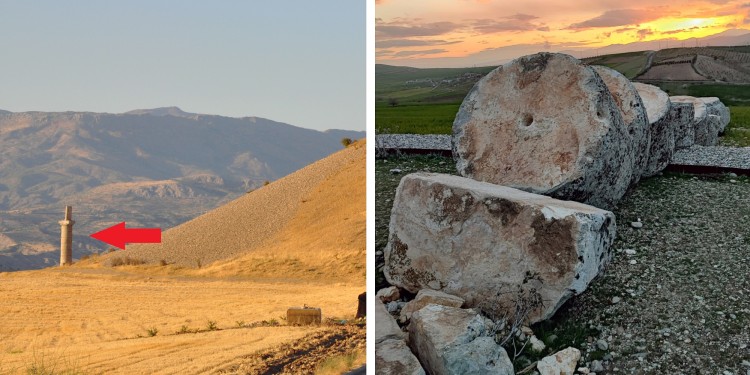 One of the three columns on the burial mound of Karakuş (right) – in which members of the Commagenian royal family were buried in the late 1st century BCE – was toppled during the earthquake in south-eastern Turkey. The picture on the left shows the column still standing.<address>© Mehmet Alkan / Asia Minor Research Centre</address>