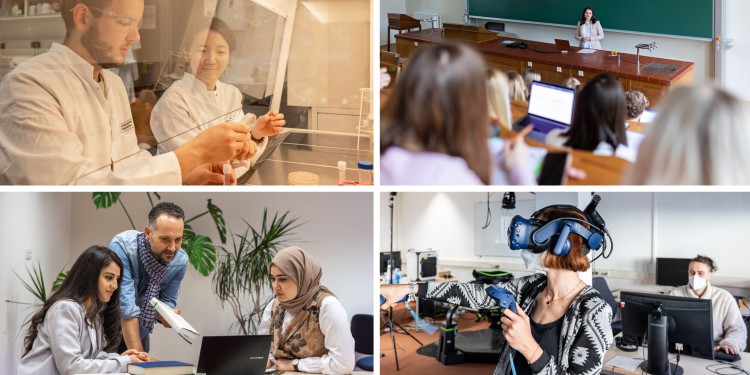 Das Qualitätsmanagement-System und die Systemakkreditierung kommen den vielfältigen Lehr- und Lernangeboten zu Gute – egal ob im Labor, im Hörsaal, während der Kleingruppenarbeit oder beispielsweise im GameLab der Kommunikationswissenschaft.<address>&copy; WWU - Nike Gais (oben), Heiner Witte (u. l.), Peter Leßmann (u. r.)</address>