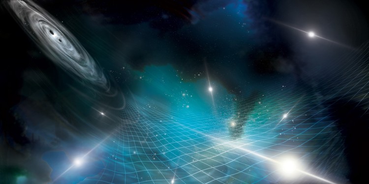 Astrophysikerinnen und Astrophysiker des NANOGrav-Konsortiums haben erstmals überzeugende Hinweise auf Gravitationswellen bei sehr niedrigen Frequenzen gefunden. Die künstlerische Darstellung zeigt, wie eine Reihe von Pulsaren von Gravitationswellen beeinflusst werden, die von einem Paar supermassiver Schwarzer Löcher aus einer entfernten Galaxie stammen.<address>© NANOGrav/Sonoma State University/Aurore Simonnet</address>