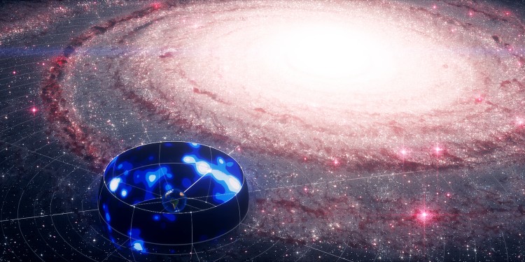 Die Abbildung zeigt das Neutrino-Signal (blaues Band mit der Erde im Zentrum) vor einer künstlerischen Darstellung der Milchstraße im sichtbaren Licht.<address>© IceCube Collaboration/Science Communication Lab for CRC 1491</address>