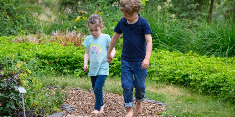 Es piekst und kitzelt an den Füßen: Helena und Mattis erkunden den Barfußpfad im Botanischen Garten.<address>© WWU - Michael C. Möller</address>