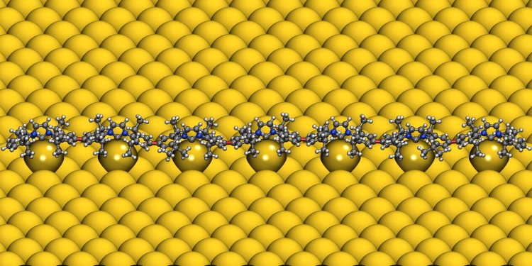 Side view of the structure – optimised using quantum mechanics density functional theory – of a ballbot-type chain of molecules<address>© Münster University – AG Doltsinis</address>