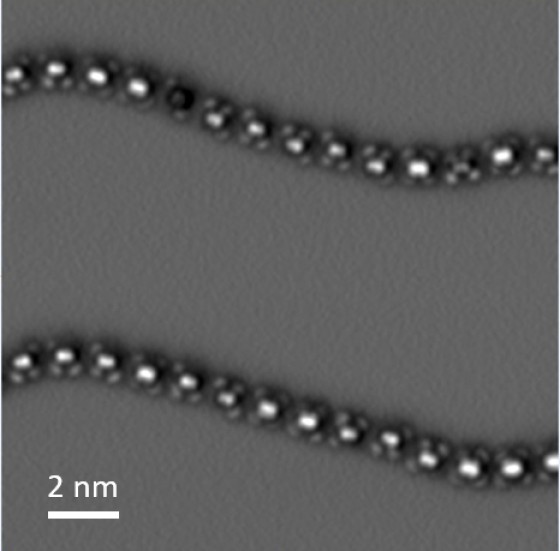 Scanning probe microscopy image (Nc-AFM) of ballbot-type NHC polymers<address>© Münster University – Harry Mönig</address>