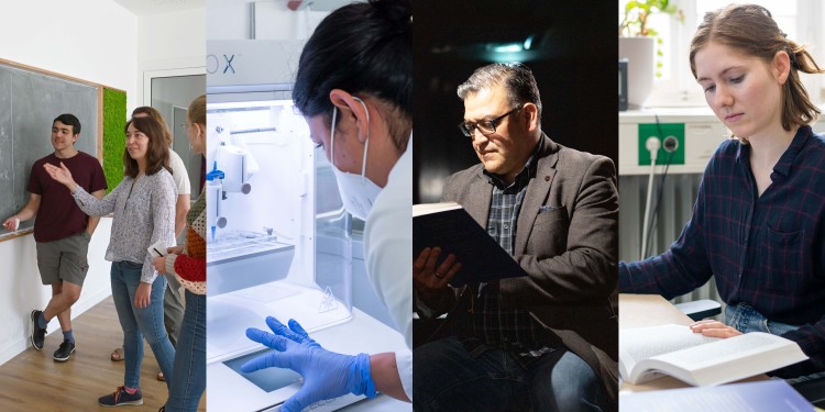 Insights into the work of doctoral students and postdocs in Münster: discussions with peers, experiments in the laboratory and research with sources.<address>© Uni MS - Victoria Liesche / Michael C. Möller / Johannes Wulf</address>