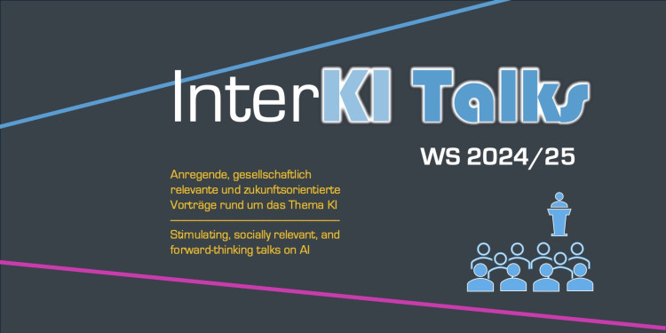 Grafik zur Ankündigung der Vortragsreihe mit stilisierten Personen, die ein Vorlesung hören. Der Text lautet: InterKI Talks WS 2024/25 ... Anregende, gesellschaftlich relevante und zukunftsorientierte Vorträge rund um das Thema KI / Stimulating, socially relevant, and forward-thinking talks on AI<address>&copy; Uni MS - CeNoS</address>