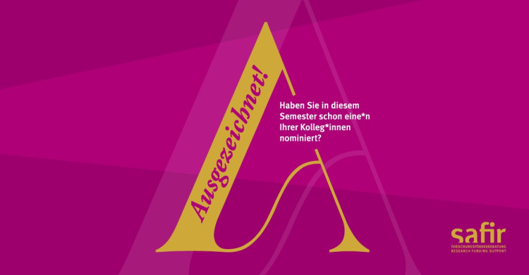 Graphic: A large golden A on a pink background, with the German slogan of the award campaign in the A: Haben Sie in diesem Semester schon eine*n Kolleg*in nominiert?<address>&copy; Grafik: Safir - goldmarie design</address>