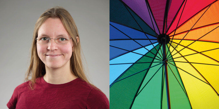 Das Bild zeigt die Mathematikerin Professor Doktor Lisa Sauermann auf der linken Seite. Rechts ist ein bunter Schirm abgebildet.<address>© Volker Lannert (l.), unsplash.com - stefyaich (r.)</address>