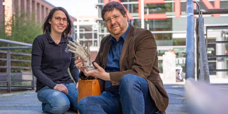 Dr. Sarah Krause und Volker Lohmann sitzen auf der obersten Treppenstufe vor dem Haupteingang der Universitäts- und Landesbibliothek und präsentieren die magische Hand.<address>© Uni MS - Linus Peikenkamp</address>