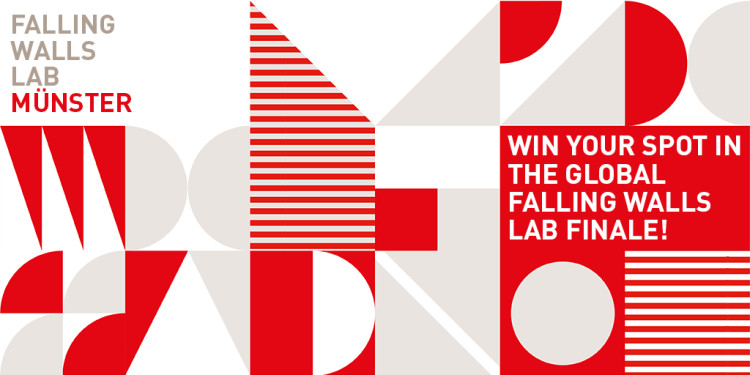 The logo of the Falling Walls Lab Münster consists of white and red geometric shapes. On the right-hand side is the slogan: ‘Win your spot in the global Falling Walls Lab finale!’<address>© Falling Walls</address>