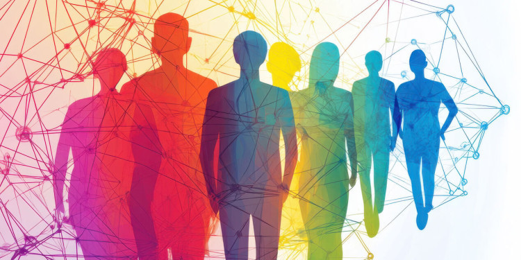 The illustration shows the outlines of several bodies that are coloured in. A net with several nodes is laid over the bodies.<address>© stock.adobe.com - Fernando (generiert mit KI)</address>