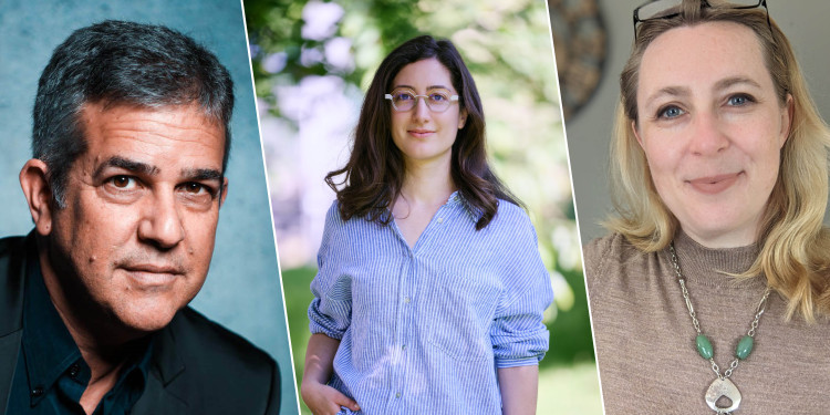 Prof Eyal Ein-Habar, Dr Laura Diprossimo, and Dr Julie Davies (from left) give short insights about their journey from abroad to the University of Münster.<address>© privat; Nikolaus Urban</address>