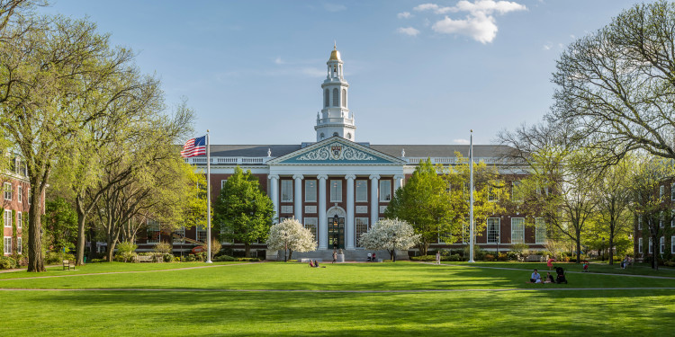 Blick auf den Campus der Harvard University. Das Bild zeigt eine weitläufige Rasenfläche und ein repräsentatives Gebäude im Hintergrund.<address>© Marcio – stock.adobe.com</address>