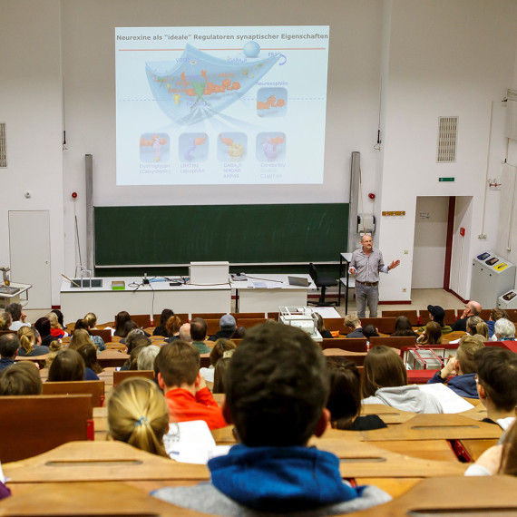 Hörsaal während einer Vorlesung von hinten (oben) fotografiert, mit Blick auf die Hinterköpfe der Zuhörerinnen und Zuhörer und auf eine Projektion oberhalb der Tafel hinter dem Rednerpult. Neben dem Pult steht ein Dozent und trägt vor; die Projektion zeigt eine grafische Darstellung von regulatorischen Proteinen im Nervensystem. (Symbolfoto)<address>© Uni MS - MünsterView</address>