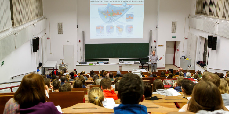 Hörsaal während einer Vorlesung von hinten (oben) fotografiert, mit Blick auf die Hinterköpfe der Zuhörerinnen und Zuhörer und auf eine Projektion oberhalb der Tafel hinter dem Rednerpult. Neben dem Pult steht ein Dozent und trägt vor; die Projektion zeigt eine grafische Darstellung von regulatorischen Proteinen im Nervensystem. (Symbolfoto)<address>© Uni MS - MünsterView</address>
