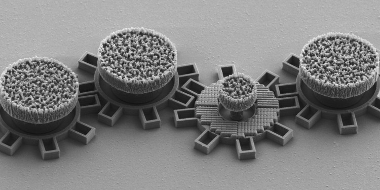 Das Mikrogetriebe, bestehend aus vier Zahnrädern. Das zweite Zahnrad von rechts reagiert dank seines optischen Materials auf Laserlicht und wird so in Bewegung gesetzt. Dabei treibt es die passiven Zahnräder an. Jedes Zahnrad hat einen Durchmesser von etwa 0,016 mm.<address>© CC BY 4.0 Nat Commun – Gan Wang</address>