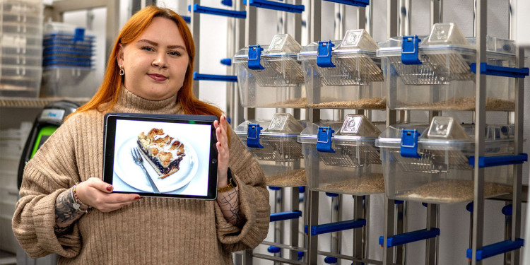 Tierpflegerin Anastasia Gede vor leeren Mäusekäfigen mit einem Tablet in den Händen, darauf das Foto von einem Stück Mohnkuchen.<address>&copy; Uni MS - Linus Peikenkamp</address>